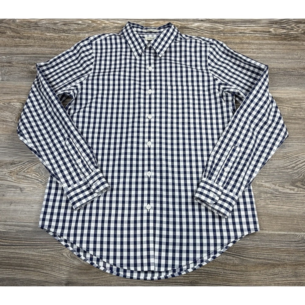 L.L. Bean Top Womens S Blue Wrinkle Free Gingham Plaid Button Up Classic Casual